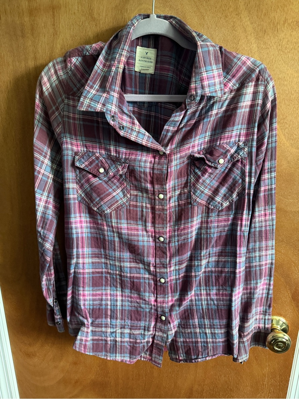 American Eagle Outfitters Burgundy and Blue Plaid Button-Down Shirt